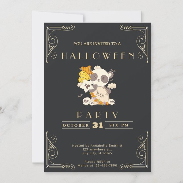 Invitation Tableau noir Panda noir et or Tombe RIP Halloween (Devant)