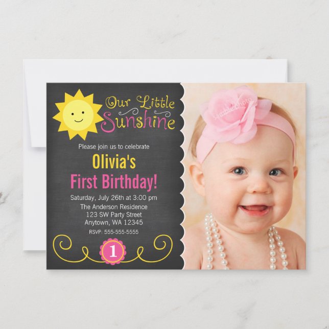 Invitation Tableau noir Petit soleil rose jaune Anniversaire (Devant)