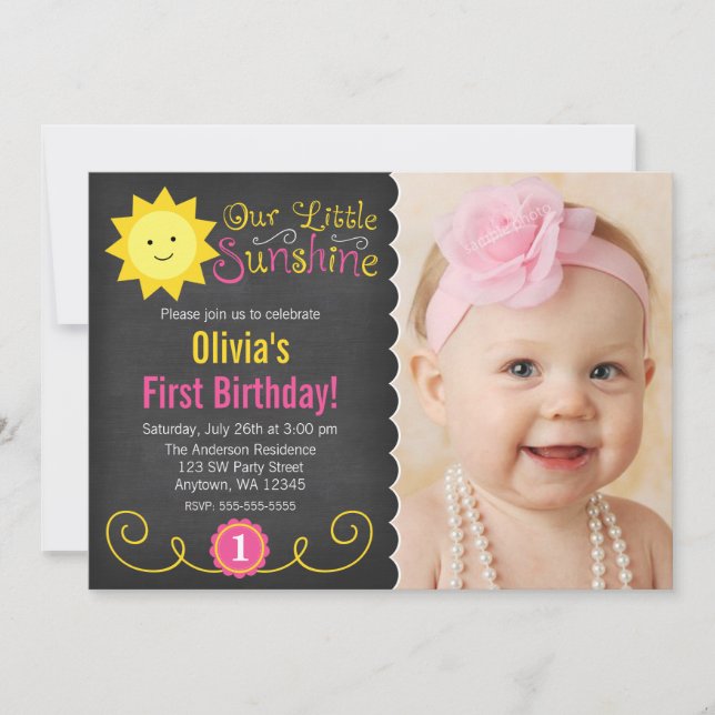 Invitation Tableau noir Petit soleil rose jaune Anniversaire (Devant)