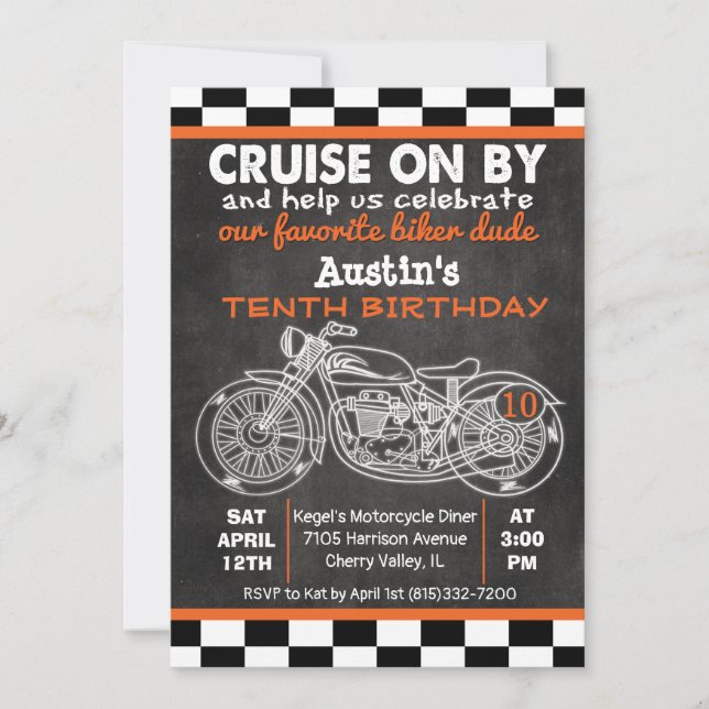 Invitation tableau noir pour anniversaire de moto  (Devant)