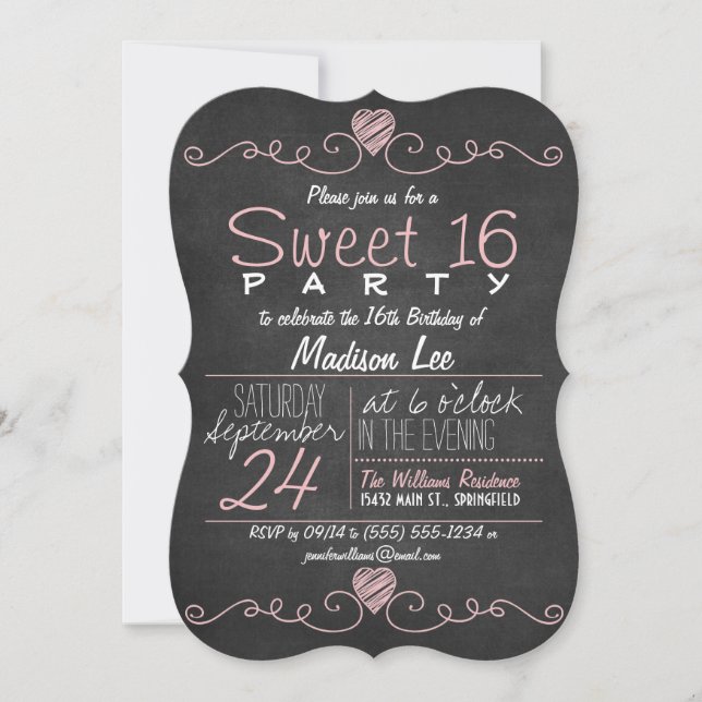 Invitation Tableau noir rose et blanc Rustic Sweet 16 Party (Devant)
