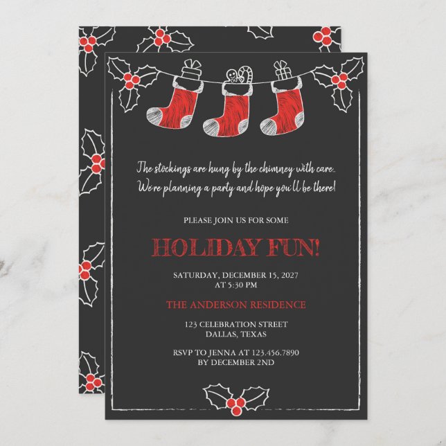 Invitation Tableau noir rouge n blanc pendaison Bas Noël (Devant / Derrière)