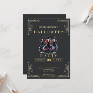 Invitation Tableau noir Sorcières Chauves-souris Halloween Or