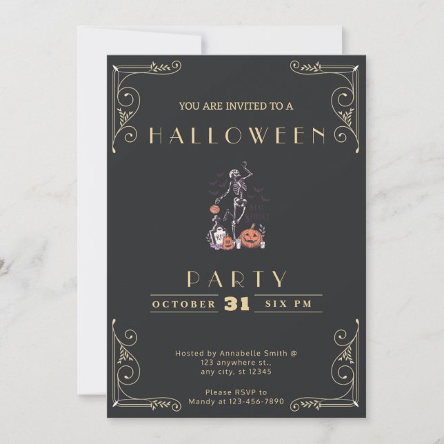 Invitation Tableau noir Squelette noir et or Tombe Halloween (Devant)