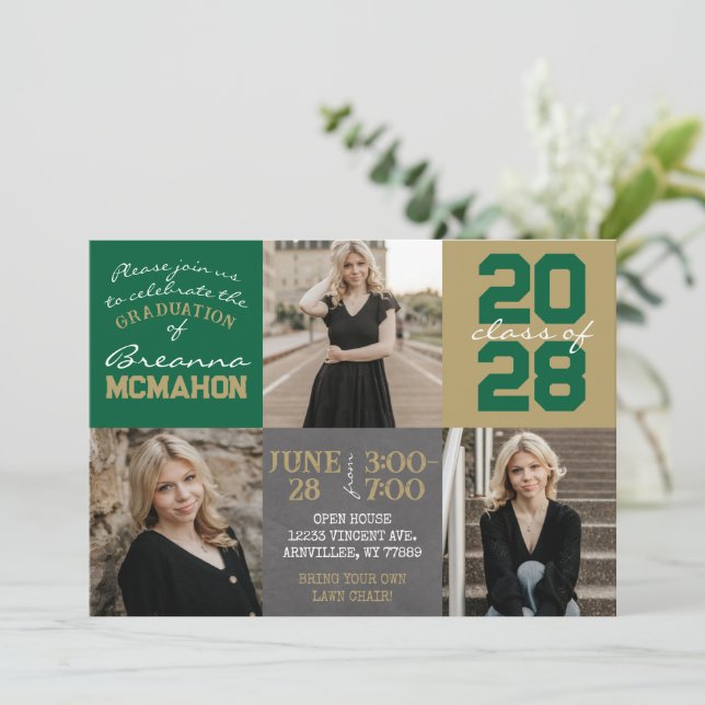 Invitation Tableau Vert et Or Chalkboard 3 Photo Graduation (Debout devant)