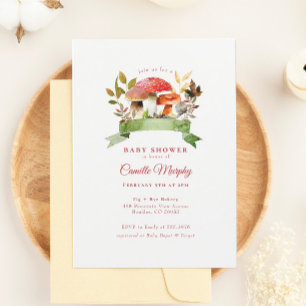 Invitation Tabouret en bois Baby shower rouge champignon