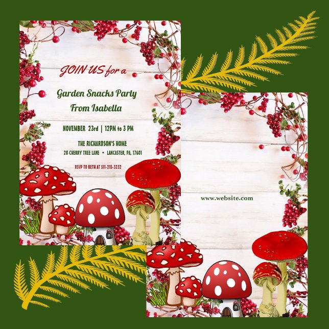 Invitation Tabouret Rouge Berry Garden Snacks Kid's Fall Part (Red Berry Toadstool Garden Snacks Kid's Fall Party Invitation)