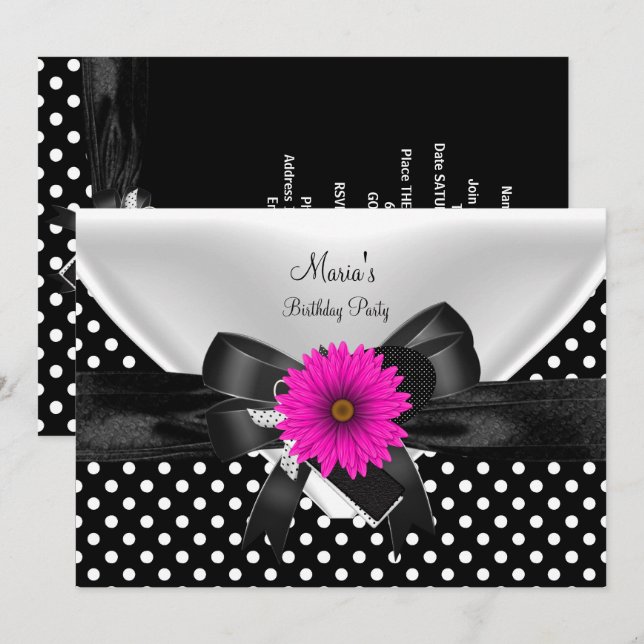 Invitation Tache de fête d'anniversaire Polka Point  Noir Bla (Devant / Derrière)