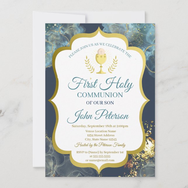 Invitation Tache de peinture, Calice Or Première communion so (Devant)