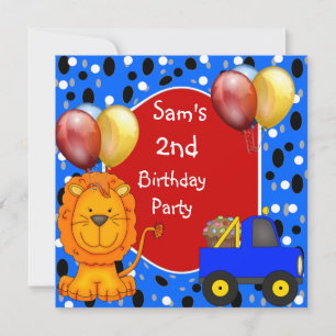 Invitation Taches d'anniversaire 2 ans Lion Camion Gâteau Bal