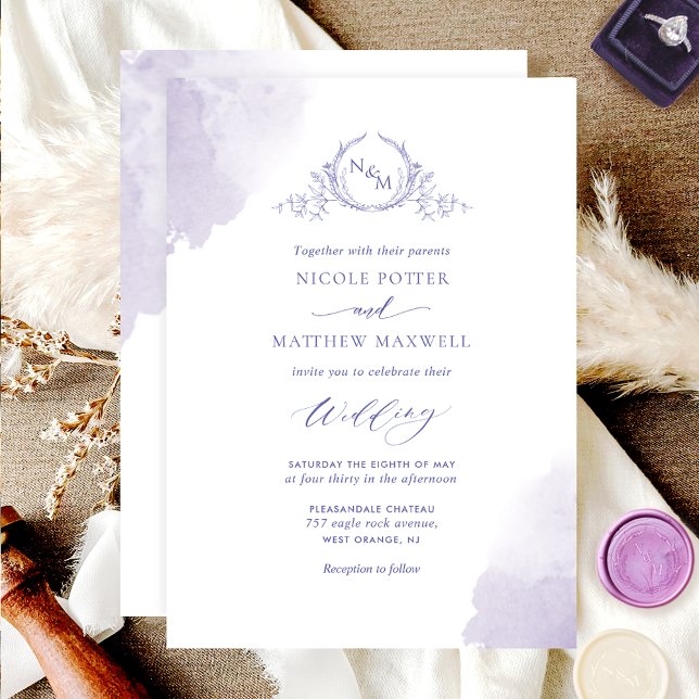 Invitation Taches d'aquarelle chic Lavender, Mariage Monogram (Créateur téléchargé)
