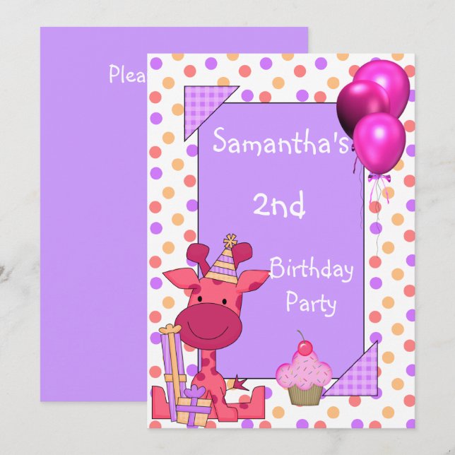 Invitation Taches de 2e anniversaire Girafe Cupcake Ballons M (Devant / Derrière)