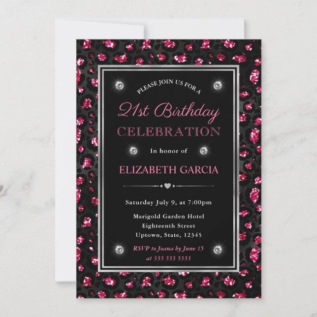 Invitation Taches de léopard Pailletées Rose et Noire pour 21 (Devant)