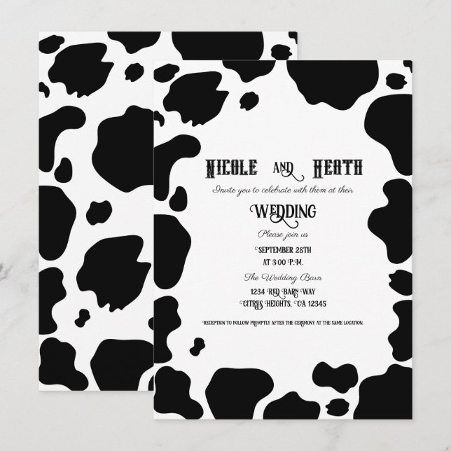 Invitation Taches de vache imprimées noir et blanc mariage à  (Devant / Derrière)