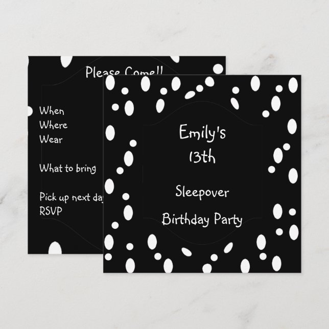 Invitation Taches noires et blanches 13e anniversaire Pyjama  (Devant / Derrière)