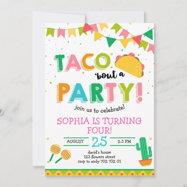 Invitation Taco à propos de la fête Fille Fiesta Anniversaire (Devant)