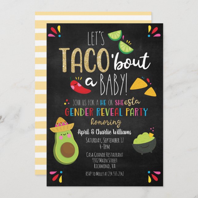 Invitation Taco 'à propos d'une fête de bébé thème Révélation (Devant / Derrière)
