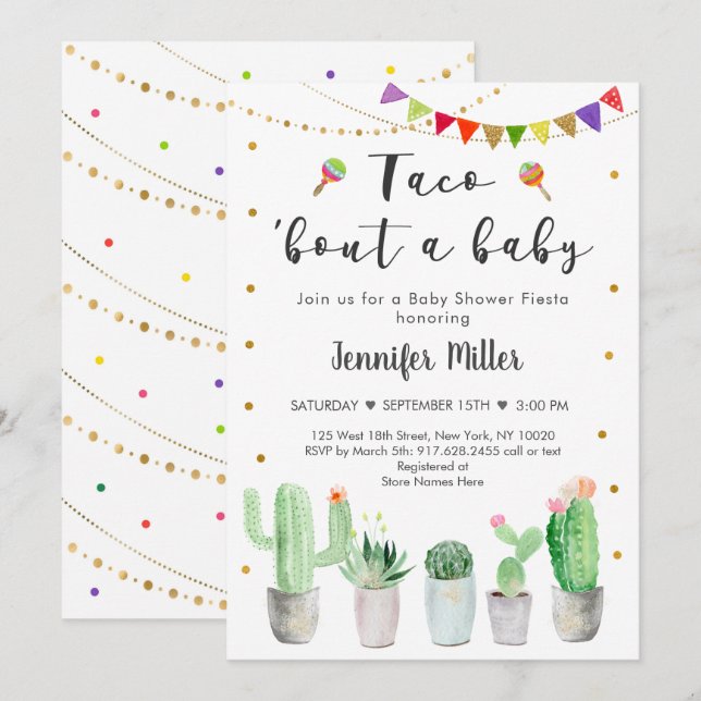 Invitation Taco Bout A Baby Gold Fiesta Cactus Baby shower (Devant / Derrière)