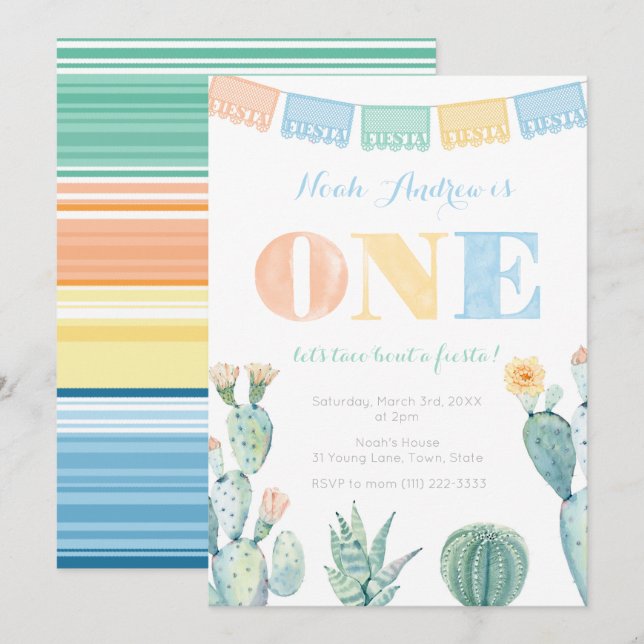 Invitation Taco Bout A Fiesta Boy 1er Anniversaire (Devant / Derrière)