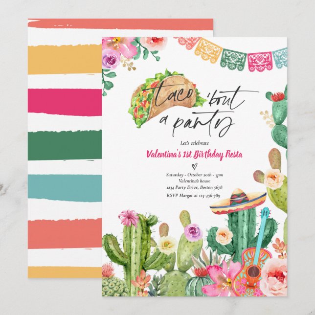 Invitation Taco 'Bout A Party 1er Anniversaire Fiesta Cactus (Devant / Derrière)