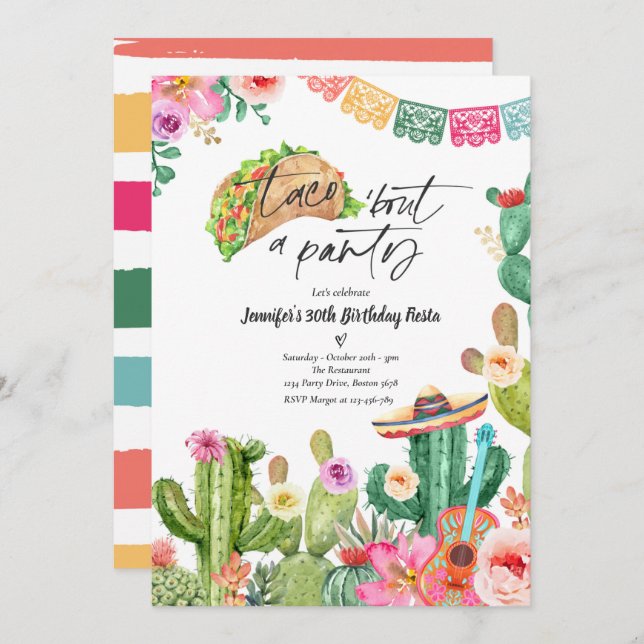 Invitation Taco 'Bout A Party 30e anniversaire Fiesta Cactus (Devant / Derrière)
