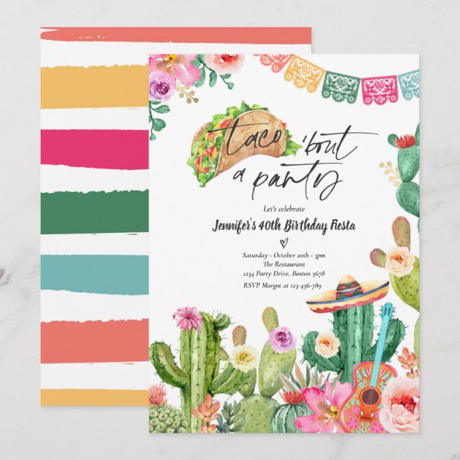 Invitation Taco 'Bout A Party 40e anniversaire Fiesta Cactus (Devant / Derrière)