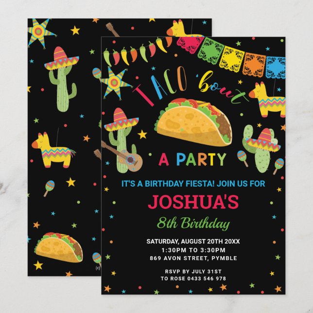 Invitation Taco 'Bout a Party Fiesta Cumpleaños Anniversaire (Devant / Derrière)