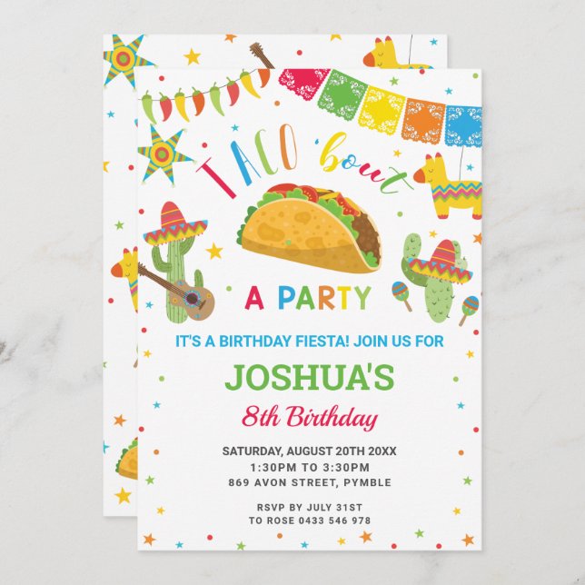 Invitation Taco 'Bout a Party Fiesta Cumpleaños Anniversaire  (Devant / Derrière)