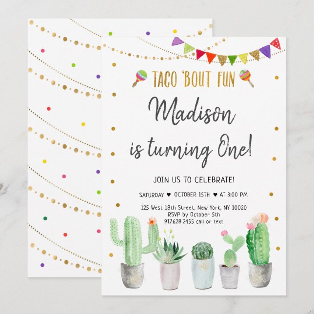 Invitation Taco 'Bout Fun Gold Fiesta premier anniversaire (Devant / Derrière)