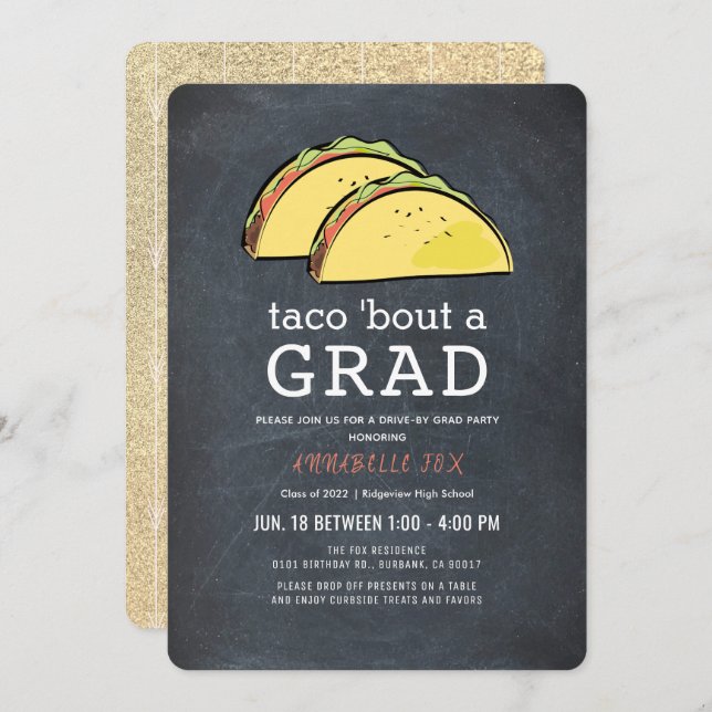 Invitation Taco Bout GRAD Chalkboard Gold Drive-by Graduation (Devant / Derrière)