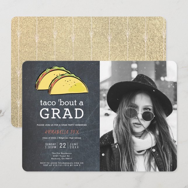 Invitation Taco Bout GRAD Photo Chalkboard Gold Graduation (Devant / Derrière)