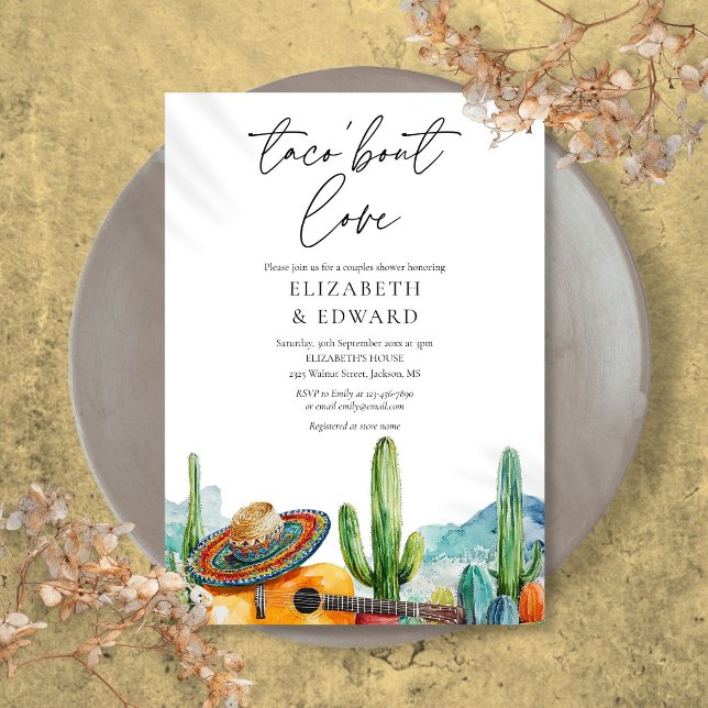 Invitation Taco Bout Love Aquarelle Cactus Couples Douche (Taco Bout Love Watercolor Cactus Couples Shower Invitation)