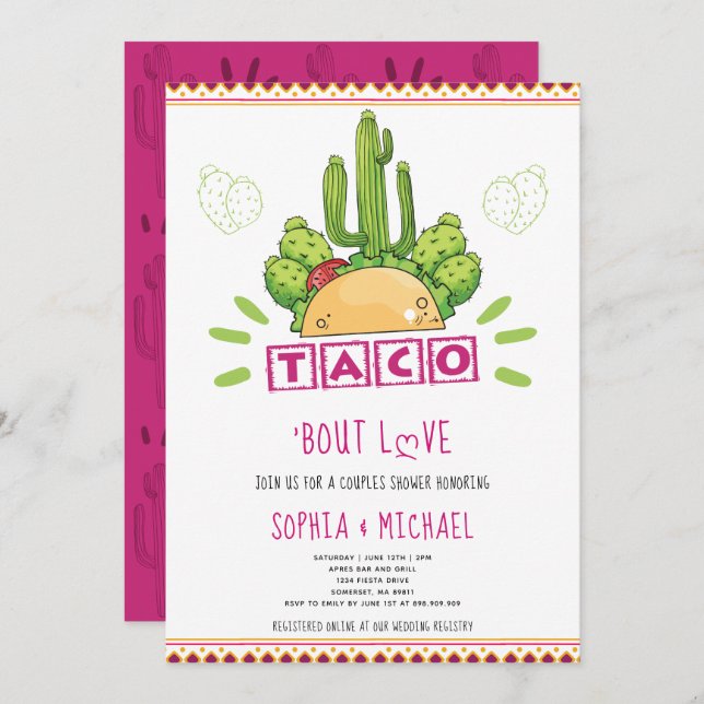 Invitation Taco 'Bout Love Couples Fiançailles Fiesta Rose (Devant / Derrière)