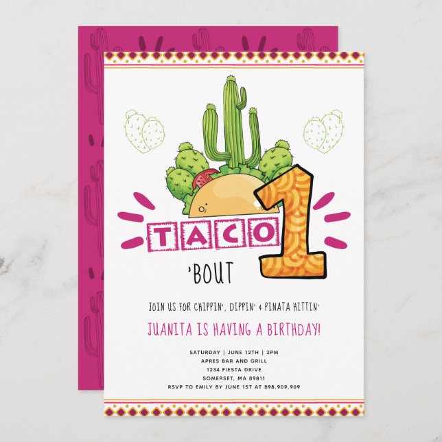Invitation Taco Bout One | Premier anniversaire Fiesta rose (Devant / Derrière)