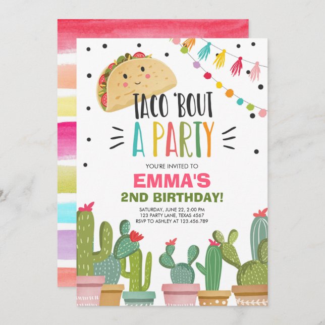 Invitation Taco Bout, une fête Fête rose Cactus d'anniversair (Devant / Derrière)