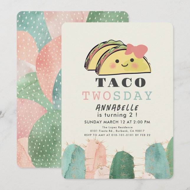 Invitation Taco Deux Jours Mardi Kawaii Fille 2e Anniversaire (Devant / Derrière)