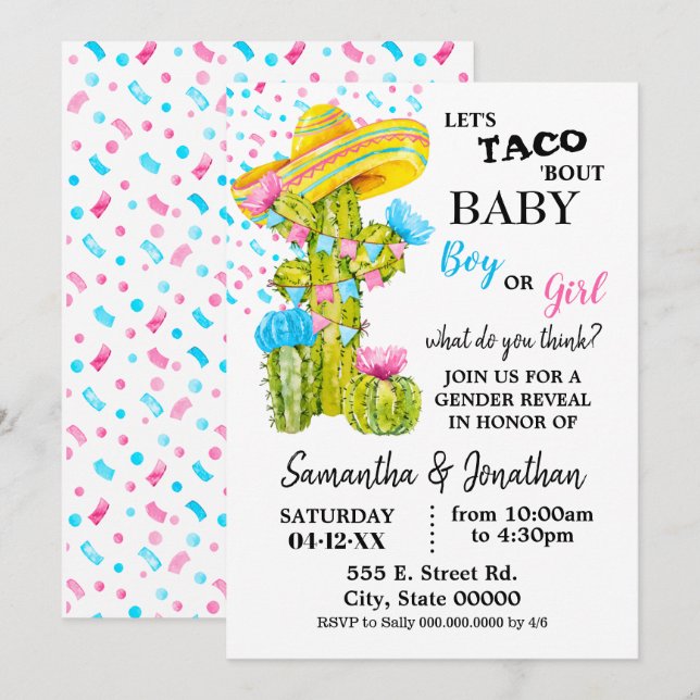 Invitation Taco sur le genre de bébé révèle le cactus (Devant / Derrière)