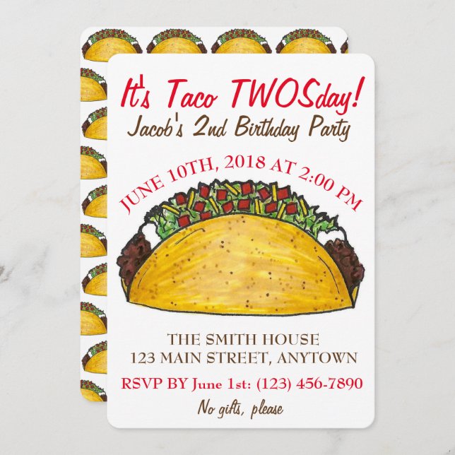 Invitation Taco TWOSday Mardi 2 Anniversaire fête Fiesta (Devant / Derrière)