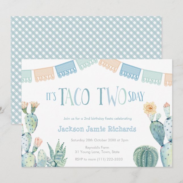 Invitation Taco Twosday Party - Garçon 2ème anniversaire Fies (Devant / Derrière)