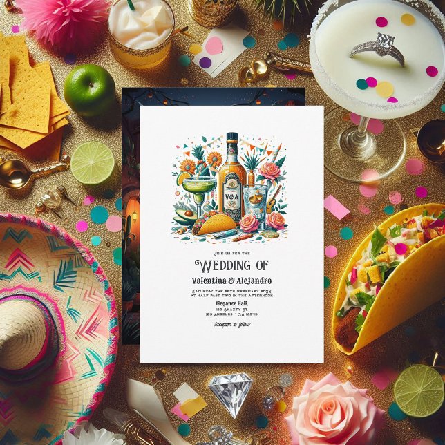 Invitation Tacos amusants et Mariage Tequila avec bouteille M (Fun Tacos and Tequila Wedding with Monogram Bottle Invitation)