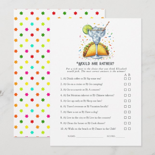 Invitation Tacos and Tequila Party "Would She Rather?" Game (Devant / Derrière)