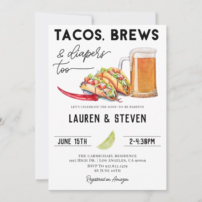 Invitation Tacos Brasse Les Diapeurs Trop Baby showers (Devant)