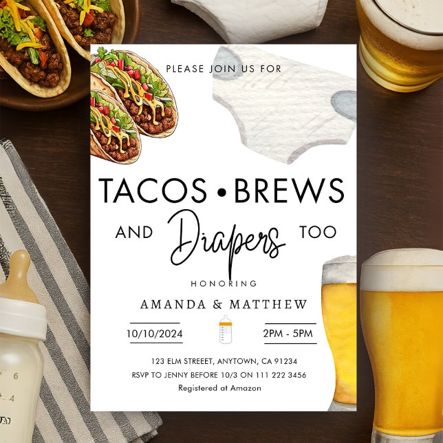 Invitation Tacos, brasses et diaphères Baby shower Décontract (Tacos Brews And Diapers Casual Couple Baby Shower Invitation)