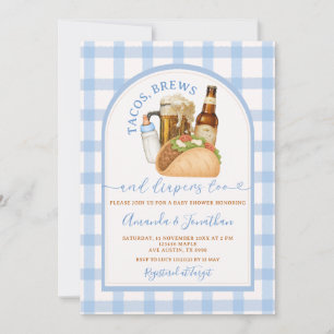 Invitation Tacos Brews and Diapers Baby shower Blue En vichy