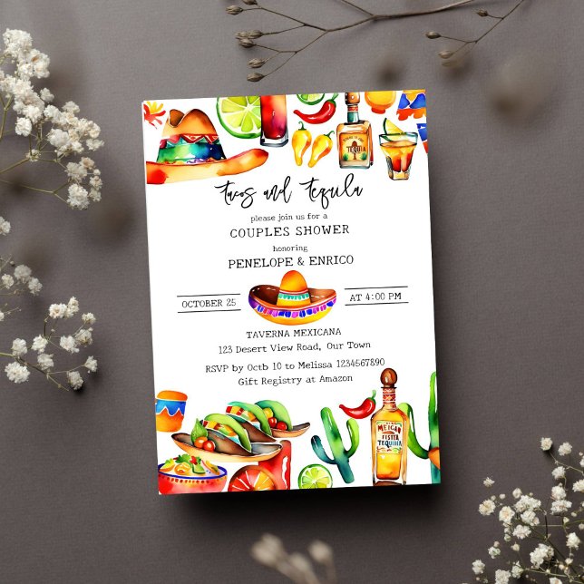 Invitation Tacos et tequila couples douche modèle (Tacos and tequila couples shower template invitation bright colors watercolor Mexican fiesta themed)
