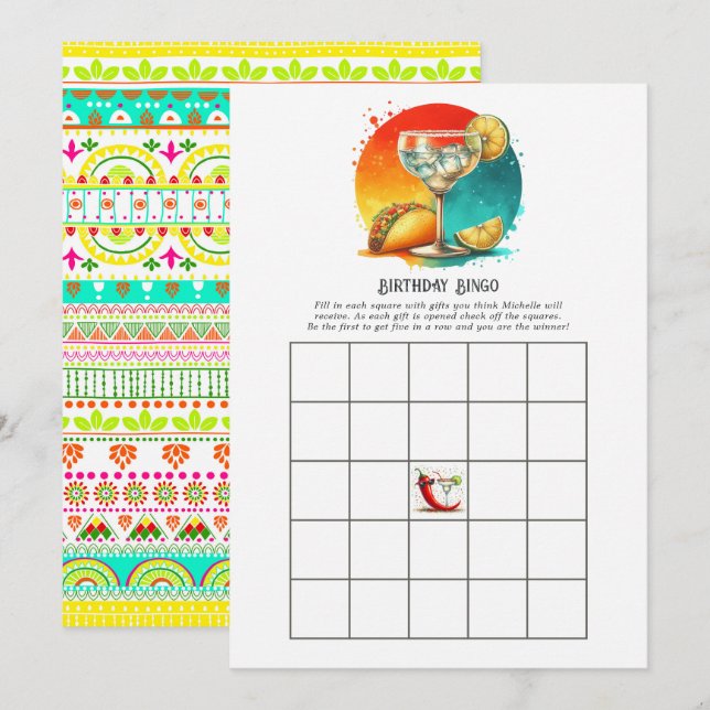 Invitation Tacos et Tequila Fête d'anniversaire Jeu de Bingo  (Devant / Derrière)