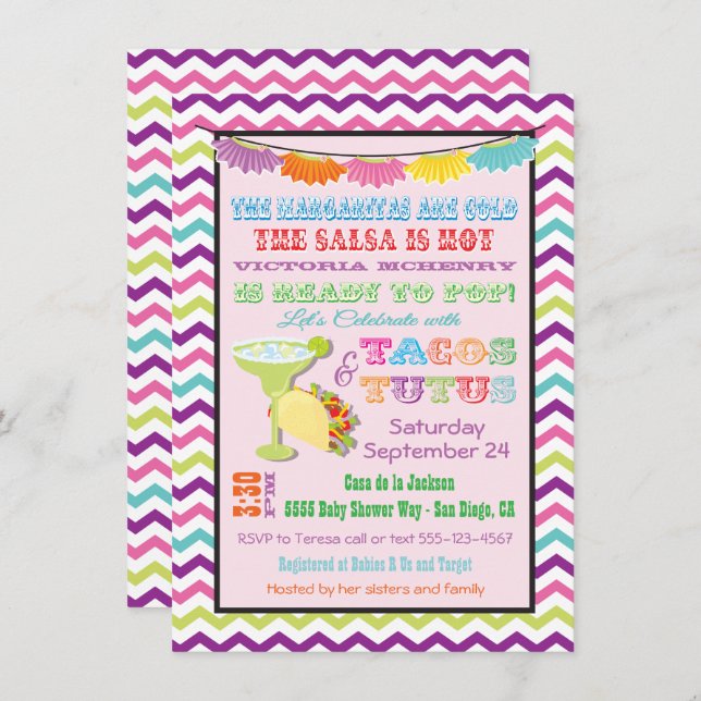Invitation Tacos et Tutus baby showers mexicains de Fiesta In (Devant / Derrière)