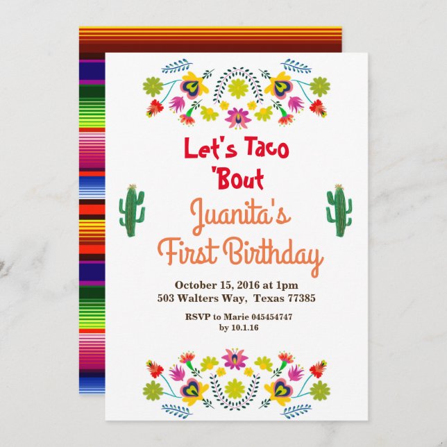 Invitation Tacos Fiesta Mexicaine 1er Anniversaire Fête Invit (Devant / Derrière)