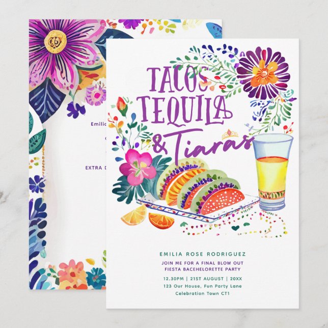 Invitation Tacos Tequila Tiaras Dernière Fiesta Bachelorette (Devant / Derrière)