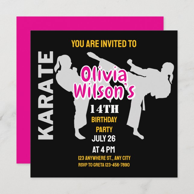 Invitation Taekwondo fête d'anniversaire, joueuse de taekwond (Devant / Derrière)